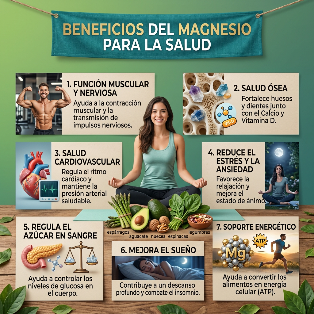 Infographic listing seven health benefits of magnesium including muscle function, bone health, cardiovascular health, stress reduction, blood sugar regulation, improved sleep, and energy support
